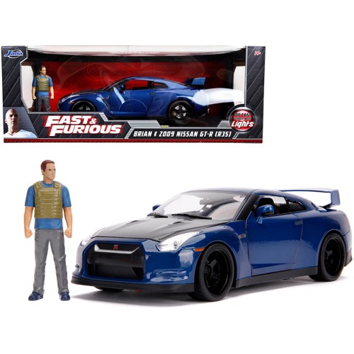 2009 Nissan GT-R (R35) Blue Metallic and Carbon with Lights and Brian Figurine 'Fast & Furious' Movie 1/18 Diecast Model Car by Jada