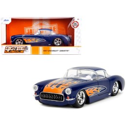 1957 Chevrolet Corvette Dark Blue with Flame Graphics and White Interior 'Bigtime Muscle' Series 1/24 Diecast Model Car by Jada