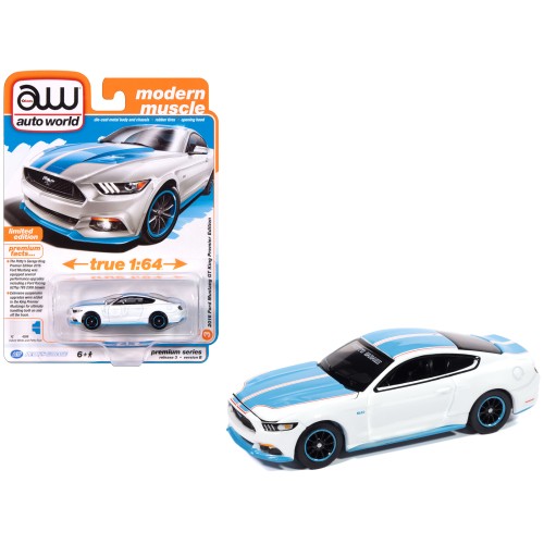 2016 Ford Mustang GT King Premier Edition 'Petty's Garage' Oxford White with Petty Blue Stripes 'Modern Muscle' Series 1/64 Diecast Model Car by Auto World