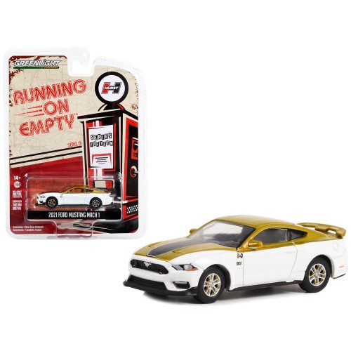 2021 Ford Mustang Mach 1 White and Gold with Black Stripe 'Hurst Performance' 'Running on Empty' Series 15 1/64 Diecast Model Car by Greenlight