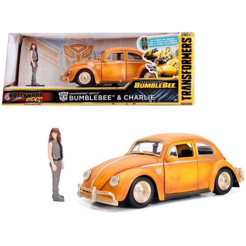 Volkswagen Beetle Weathered Yellow with Robot on Chassis and Charlie Diecast Figurine 'Bumblebee' (2018) Movie ('Transformers' Series) 'Hollywood Rides' Series 1/24 Diecast Model Car by Jada