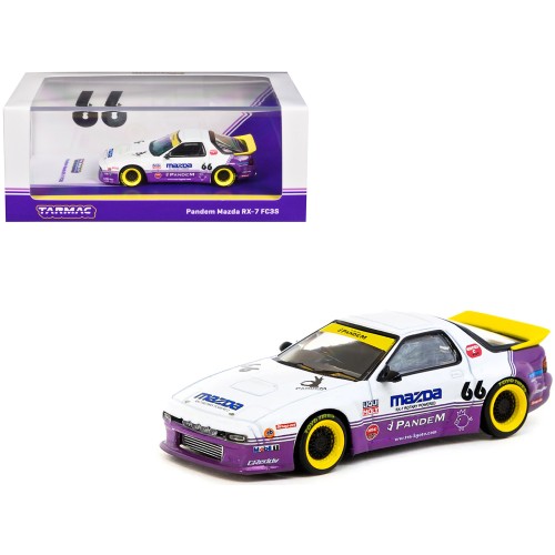 Mazda RX-7 FC3S Pandem RHD (Right Hand Drive) #66 White and Purple with Graphics 'Hobby64' Series 1/64 Diecast Model Car by Tarmac Works