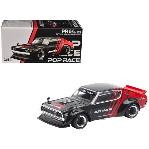 Skyline KPGC110 'Kenmeri' RHD (Right Hand Drive) 'ADVAN' Black and Red 1/64 Diecast Model Car by Pop Race