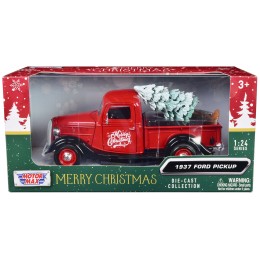 1937 Ford Pickup Truck Red and Black 'Merry Christmas' with Tree Accessory 1/24 Diecast Model Car by Motormax