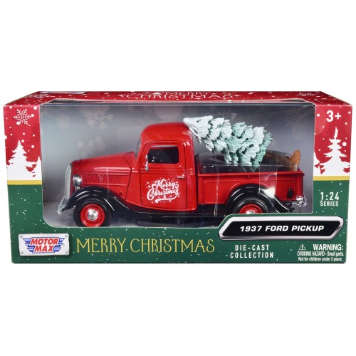 1937 Ford Pickup Truck Red and Black 'Merry Christmas' with Tree Accessory 1/24 Diecast Model Car by Motormax