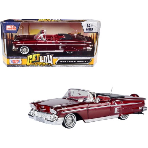 1958 Chevrolet Impala Convertible Lowrider Dark Red Metallic with Red Interior 'Get Low' Series 1/24 Diecast Model Car by Motormax