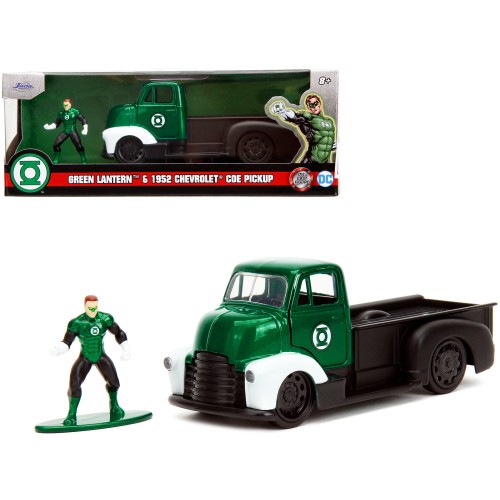 1952 Chevrolet COE Pickup Truck Green Metallic and Black and Green Lantern Diecast Figure 'DC Comics' 'Hollywood Rides' Series 1/32 Diecast Model Car by Jada