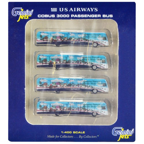 Cobus 3000 Passenger Bus White and Blue with Graphics 'US Airways Shuttle Bus - Greener Transit' 4 Piece Set 1/400 Diecast Models by GeminiJets