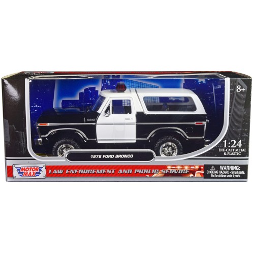 1978 Ford Bronco Police Car Unmarked Black and White 'Law Enforcement and Public Service' Series 1/24 Diecast Model Car by Motormax