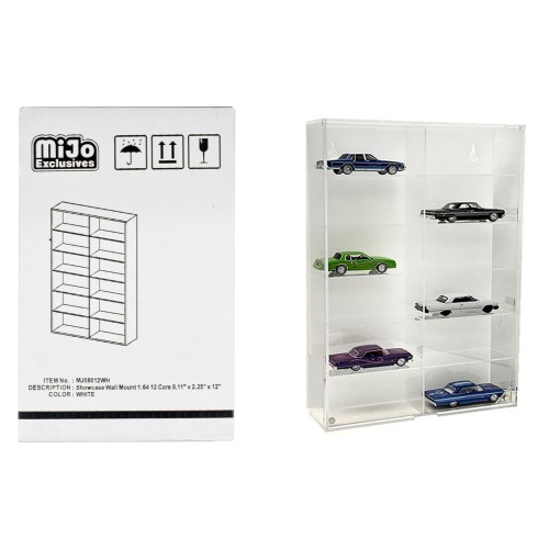Showcase 12 Car Display Case Wall Mount with White Back Panel 'Mijo Exclusives' for 1/64 Scale Models