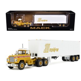 Mack R-Model Day Cab and 40' Vintage Trailer Yellow with Red Stripes and White Top 'Mack Anniversary' 1/64 Diecast Model by DCP/First Gear