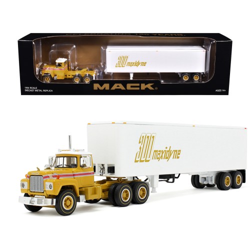 Mack R-Model Day Cab and 40' Vintage Trailer Yellow with Red Stripes and White Top 'Mack Anniversary' 1/64 Diecast Model by DCP/First Gear