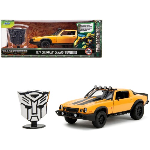 1977 Chevrolet Camaro Off-Road Version 'Bumblebee' Yellow Metallic with Black Stripes and Transformers Logo Diecast Statue 'Transformers: Rise of the Beasts' (2023) Movie 'Hollywood Rides' Series 1/24 Diecast Model Car by Jada