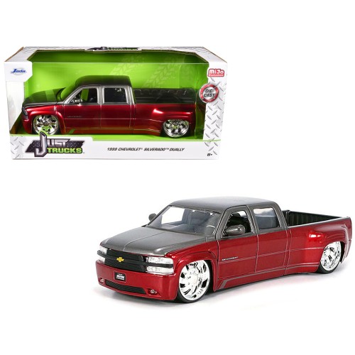 1999 Chevrolet Silverado Dually Pickup Truck Red Metallic and Gray with Custom KMC Wheels 'Just Trucks' Series 1/24 Diecast Model Car by Jada