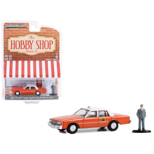 1981 Chevrolet Impala 'Capitol Cab' Taxi Orange with White Top and Man in Suit Figure 'The Hobby Shop' Series 15 1/64 Diecast Model Car by Greenlight