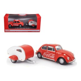1967 Volkswagen Beetle Red with Teardrop Travel Trailer Red and White 'Coca-Cola' 1/43 Diecast Model Car by Motorcity Classics