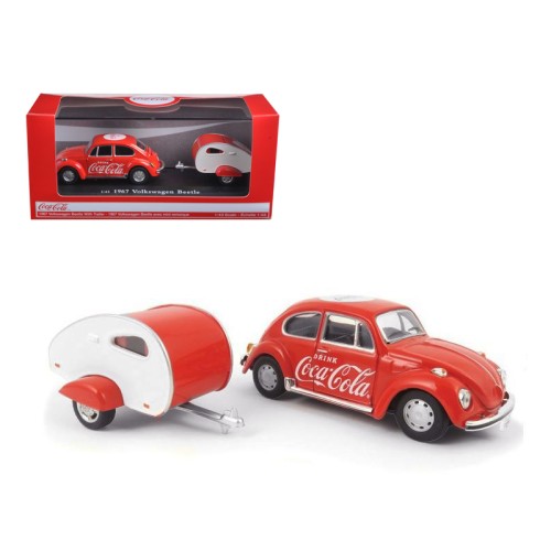 1967 Volkswagen Beetle Red with Teardrop Travel Trailer Red and White 'Coca-Cola' 1/43 Diecast Model Car by Motorcity Classics