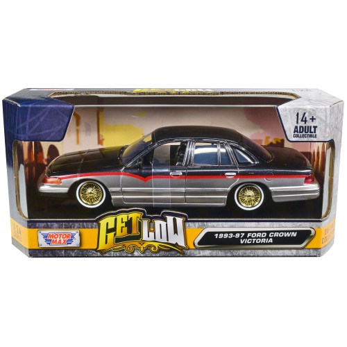 1993-1997 Ford Crown Victoria Lowrider Black Metallic and Silver with Red Stripes 'Get Low' Series 1/24 Diecast Model Car by Motormax