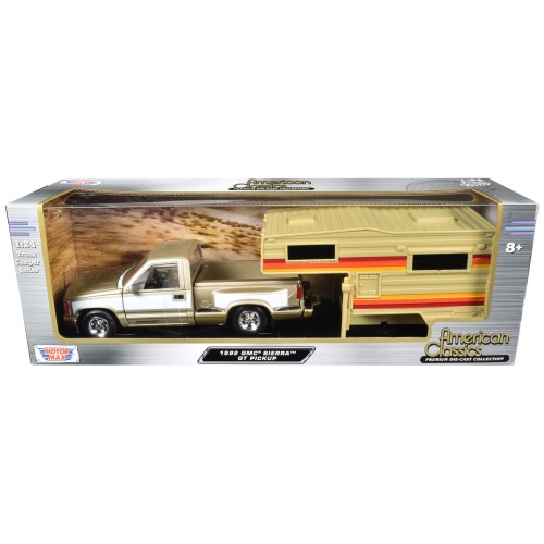 1992 GMC Sierra GT Pickup Truck Gold Metallic with White Sides with Camper Shell 'American Classics' Series 1/24 Diecast Model Car by Motormax