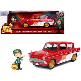 1959 Ford Anglia Red and White with Lucky the Leprechaun Diecast Figurine 'Lucky Charms' 1/24 Diecast Model Car by Jada