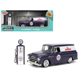 1957 Chevrolet Suburban 'Chevron' Dark Blue with White Stripes and Chevron Gas Pump 'Just Trucks' Series 1/24 Diecast Model Car by Jada