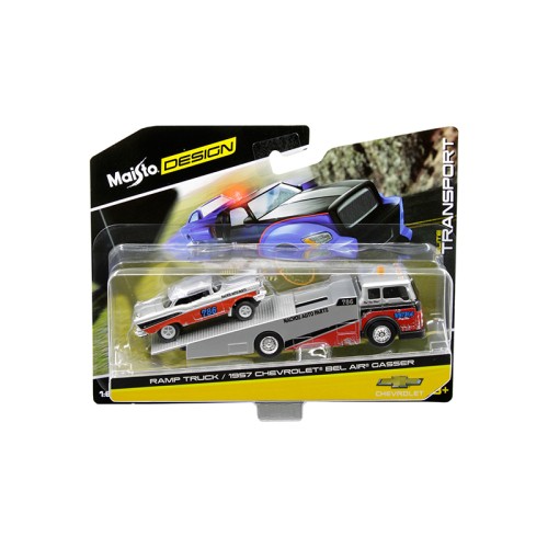 1957 Chevrolet Bel Air Gasser #786 Silver and Red with Ramp Tow Truck 'Elite Transport' 1/64 Diecast Models by Maisto