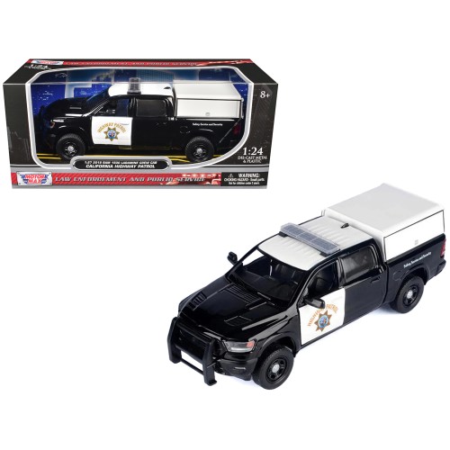 2019 RAM 1500 Laramine Crew Cab Pickup Truck 'California Highway Patrol' Black and White with Truck Bed Camper 'Law Enforcement and Public Service' Series 1/27 Diecast Model Car by Motormax