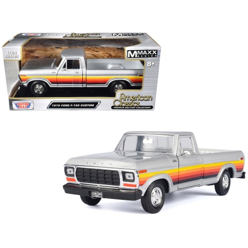 1979 Ford F-150 Custom Pickup Truck Silver Metallic with Side Stripes 'American Classics' Series 1/24 Diecast Model Car by Motormax