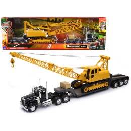Kenworth W900 Truck with Lowboy Trailer Black and Crane Yellow 'Long Haul Trucker' Series 1/32 Diecast Model by New Ray