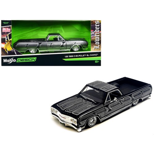 1965 Chevrolet El Camino Lowrider Black Metallic with Silver Graphics 'Lowriders' Series 1/25 Diecast Model Car by Maisto