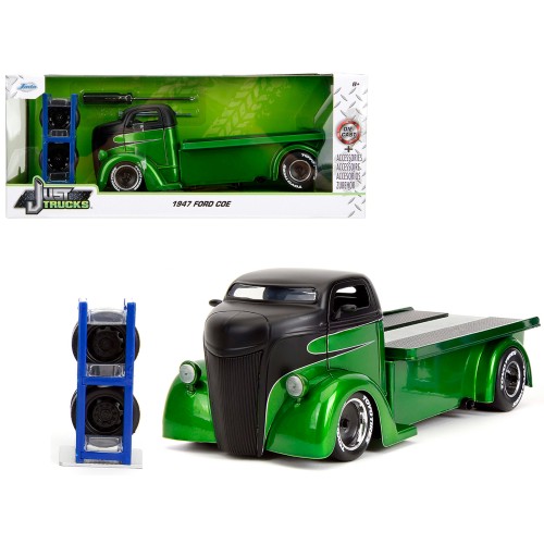 1947 Ford COE Flatbed Truck Green Metallic and Matt Black 'Toyo Tires' with Extra Wheels 'Just Trucks' Series 1/24 Diecast Model Car by Jada