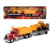 Peterbilt 379 Dump Truck Red and Wheel Loader Yellow with Flatbed Trailer 'Long Haul Truckers' Series 1/32 Diecast Model by New Ray