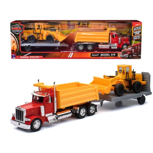 Peterbilt 379 Dump Truck Red and Wheel Loader Yellow with Flatbed Trailer 'Long Haul Truckers' Series 1/32 Diecast Model by New Ray