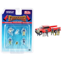 'Firefighter II' 6 piece Diecast Set (4 Figurines 1 Dog and 1 Accessory) for 1/64 Scale Models by American Diorama