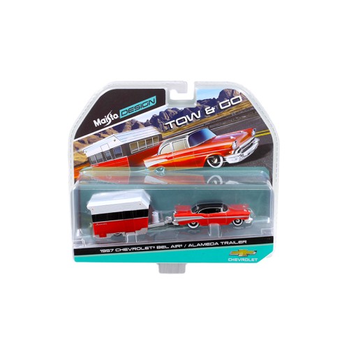 1957 Chevrolet Bel Air with Alameda Trailer Red Tow & Go 1/64 Diecast Model by Maisto