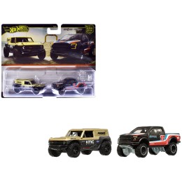 Ford Bronco R Gold Metallic and Black and 2017 Ford F-150 Raptor Pickup Truck #17 Black with Stripes 'Car Culture' Set of 2 Cars Diecast Model Cars by Hot Wheels