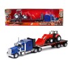 Kenworth W900 Truck with Flatbed Trailer Blue Metallic with Farm Tractor Red 'Long Haul Truckers' Series 1/32 Diecast Model by New Ray