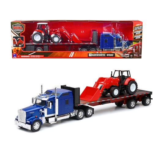 Kenworth W900 Truck with Flatbed Trailer Blue Metallic with Farm Tractor Red 'Long Haul Truckers' Series 1/32 Diecast Model by New Ray