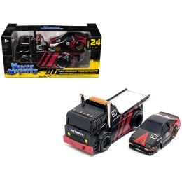 JDM Flatbed Truck #25 Black and Red and 1983-85 Toyota Trueno Sprinter (AE86) #25 Black and Red 'Advan' Livery 'Muscle Transports' Series 1/64 Diecast Models by Muscle Machines