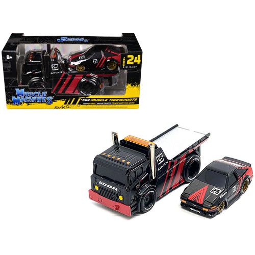 JDM Flatbed Truck #25 Black and Red and 1983-85 Toyota Trueno Sprinter (AE86) #25 Black and Red 'Advan' Livery 'Muscle Transports' Series 1/64 Diecast Models by Muscle Machines