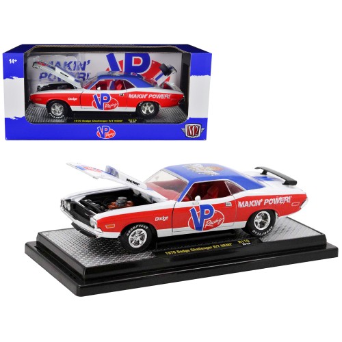 1970 Dodge Challenger R/T Hemi White with Red and Blue Stripes with Red Interior 'VP Racing' Limited Edition to 5710 pieces Worldwide 1/24 Diecast Model Car by M2 Machines
