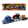 Freightliner Cascadia with Flatbed Trailer Blue with Farm Tractor Red and Hay Bales 'Long Haul Trucker' Series 1/43 Diecast Model by New Ray