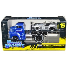 1950 Ford COE Flatbed Truck Blue 'Cobra Powered by Ford' and 1964 Shelby Cobra #6 Silver Metallic with Stripes 'Muscle Transports' Series 1/64 Diecast Model Cars by Muscle Machines