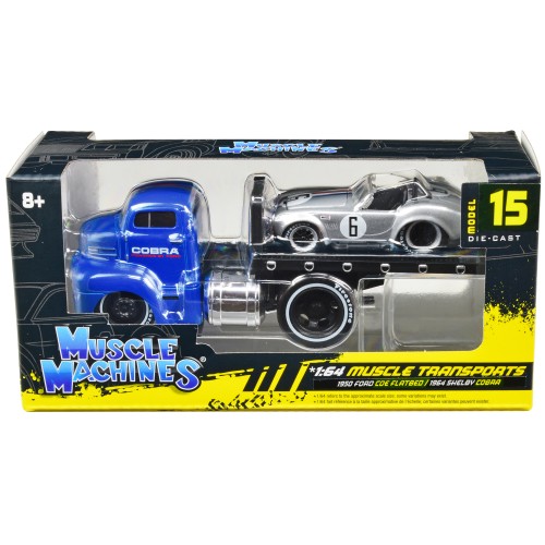 1950 Ford COE Flatbed Truck Blue 'Cobra Powered by Ford' and 1964 Shelby Cobra #6 Silver Metallic with Stripes 'Muscle Transports' Series 1/64 Diecast Model Cars by Muscle Machines