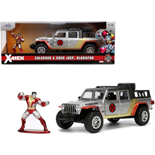 2020 Jeep Gladiator Pickup Truck Silver and Colossus Diecast Figurine 'X-Men' Marvel 'Hollywood Rides' Series 1/32 Diecast Model Car by Jada