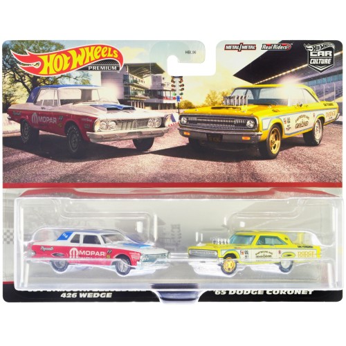 1963 Plymouth Belvedere 426 Wedge 'MOPAR' White and Red with Blue Top and 1965 Dodge Coronet 'Eastbound and Crowned' Yellow and White 'Car Culture' Set of 2 Cars Diecast Model Cars by Hot Wheels