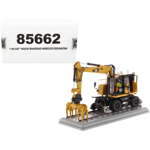 CAT Caterpillar M323F Railroad Wheeled Excavator with Operator and 3 Work Tools (CAT Yellow Version) 'High Line Series' 1/50 Diecast Model by Diecast Masters