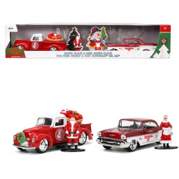 1941 Ford Pickup Truck Red and White 'Santa's Workshop' and 1957 Chevrolet Bel Air Red Metallic and White 'Express 25' with Mr. and Mrs. Santa Claus Diecast Figures 'Holiday Rides' Series 1/32 Diecast Model Cars by Jada