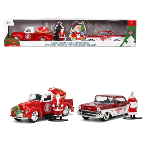 1941 Ford Pickup Truck Red and White 'Santa's Workshop' and 1957 Chevrolet Bel Air Red Metallic and White 'Express 25' with Mr. and Mrs. Santa Claus Diecast Figures 'Holiday Rides' Series 1/32 Diecast Model Cars by Jada