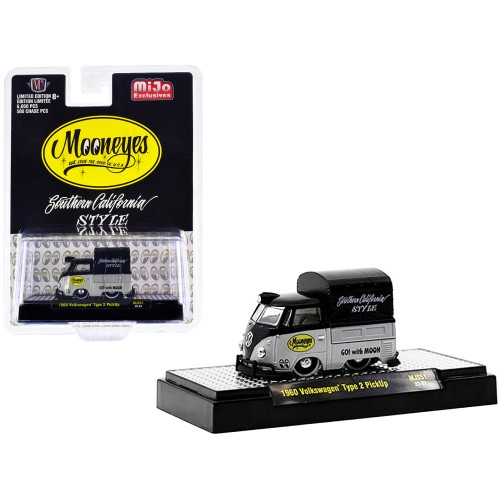 1960 Volkswagen Type 2 Pickup Truck with Canvas Cover 'Mooneyes Southern California Style' Black and Gray Limited Edition to 6050 pieces Worldwide 1/64 Diecast Model Car by M2 Machines